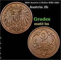 1899 Austria 2 Heller KM# 2801 Grades Select Unc B