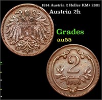 1914 Austria 2 Heller KM# 2801 Grades Choice AU