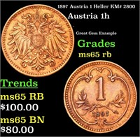 1897 Austria 1 Heller KM# 2800 Grades GEM Unc RB
