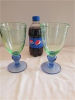 (2) Green Bubble Glass Wine Goblets - Blue Stems