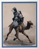 VINTAGE HAND-COLORED LITHOGRAPH - MAN ON CAMEL IN