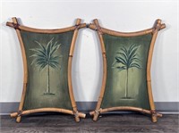 PAIR OF BAMBOO FRAMED HAND PAINTED TIKI PALM TREE
