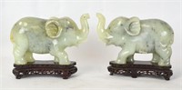 Pr Chinese Carved Jade Elephants on Wood Stand