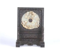 Chinese Carved Wood Table Screen w Jade Insert