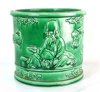 Chinese Carved Green Glazed Brush Pot