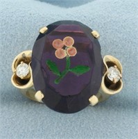 Hand Painted Amethyst and Diamond Ring in 14k Yell