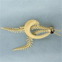 Vintage Italian Ruby Wheat Design Pin Brooch 18k Y