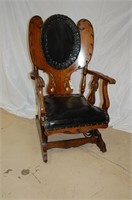 Carved Wood & Leather Rocking Chair