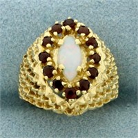 Opal and Garnet Basket Weave Ring In 14k Yellow Go