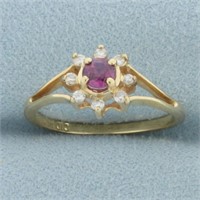 Pink Sapphire and Diamond Flower Design Ring in 14