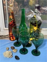 Vintage Green/Yellow Wine Bottles, Glasses, Tumble