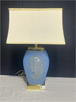 RARE FENTON MADONNA LAMP IN A SATIN BLUE COLOR