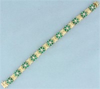 Emerald and Diamond Flower Design Bracelet in 14k