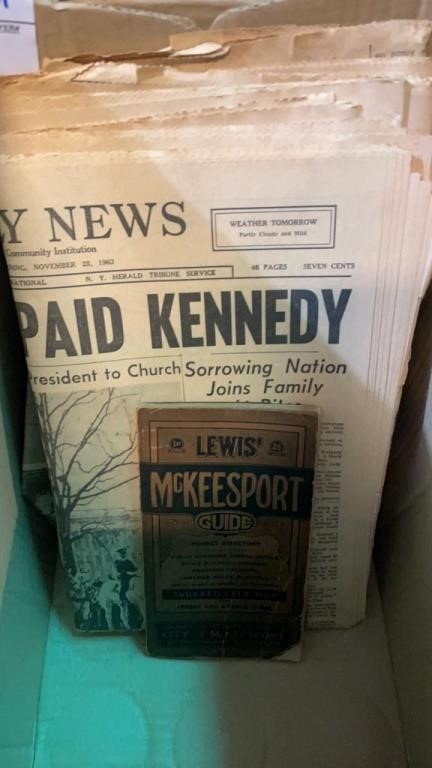 Box of old newspapers & McKeesport Guide pocket