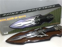 NIB fantasy blade hunting knife display. Emblazon