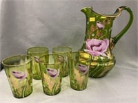 Early Paint Decorated Water Pitcher Set