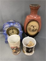 German Ale Tumbler, Shaving Mug, Shelf Clock, Vase