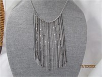 Necklace 19" Black Silver Tone With Chain Fringe