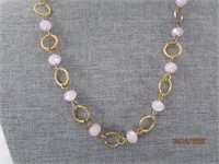Necklace 26" Pink Crystal Beads Gold Tone Hoop