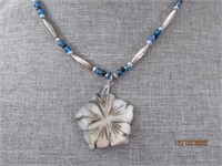 Necklace 20" Silver Blue Glass Beads Flower Shell