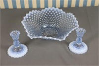 S: Opalescent Hobnail Glass Bowl & Matching Candle