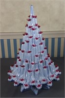 S: Blue Ceramic Christmas Tree w/ Red Bird Lights