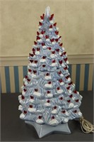 S: Blue Ceramic Christmas Tree w/ Red Lights (Appr
