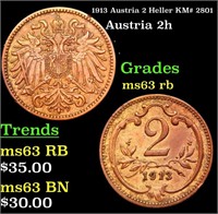 1913 Austria 2 Heller KM# 2801 Grades Select Unc R