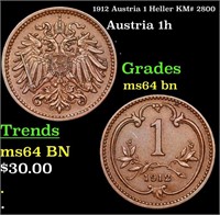 1912 Austria 1 Heller KM# 2800 Grades Choice Unc B