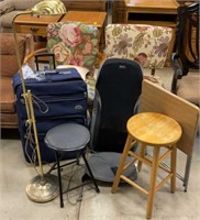 Massager, suitcase, table, stools & lamp