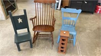 Rocker, two chairs and small cabinet