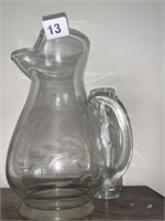 ETCHED GLASS PITCHER AND GLASS VASES