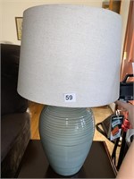 PAIR OF POTTERY LAMPS WITH TEAL BASE AND CREAM