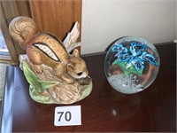 GLASS PAPERWEIGHT AND CHIPMUNK FIGURINE