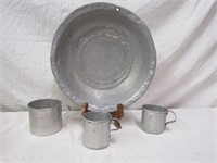 Vintage Aluminum 12" Bowl & 3 Measuring Cups