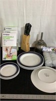 Mainstay dishes, disposable gloves, knife block,
