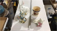 Bunny decorations, Mickey Mouse jar, cat