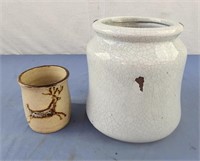 Deer pottery cup 3", crackle light gray jar 6.5"
