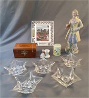 Misc lot including candle holders, painted snuff