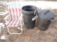 (2) Garbage Cans w/ Single Lid, Folding Chair