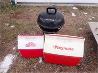 Char Broil Travel BBQ Grill, (2) Igloo Coolers.