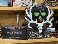 Tin Bone Collector Sign & Harley Davidson License