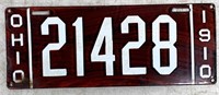 1910 Oh porcelain license plate - VG condition