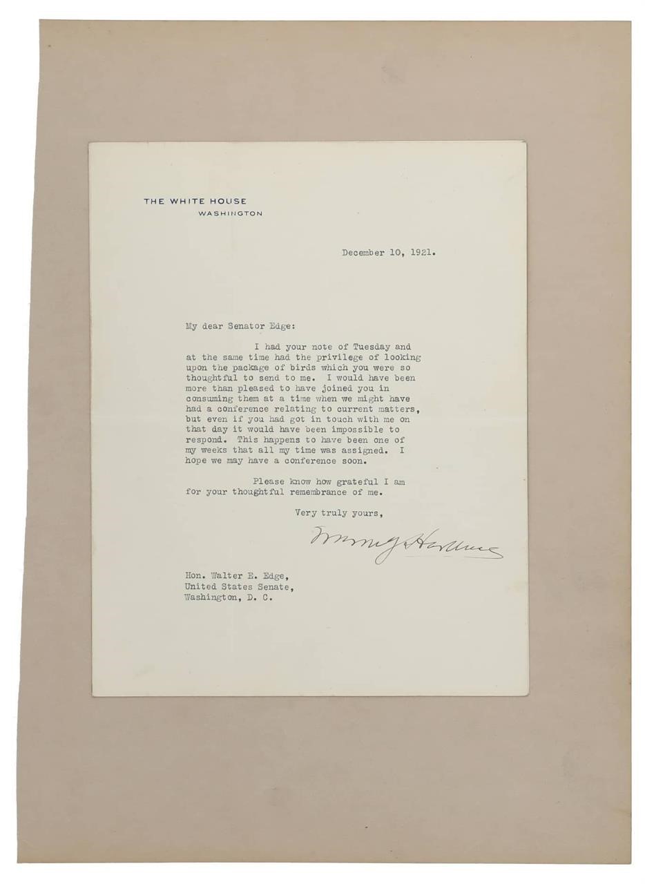 Dec. 10, 1921 Warren G. Harding Signed Letter