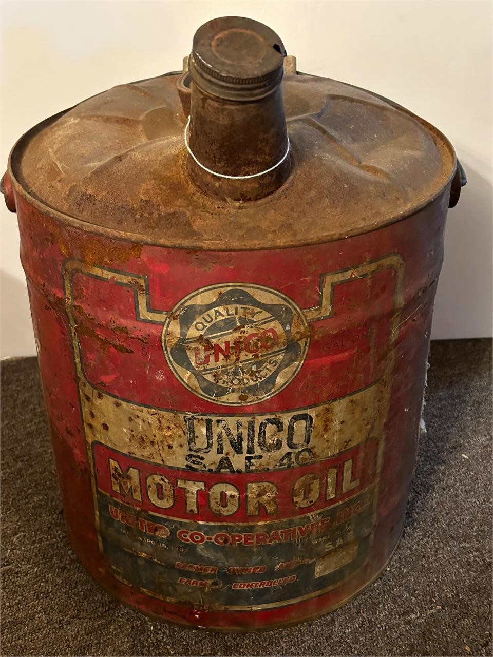 Vintage Unico five gallon Oil Can