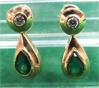 14K Gold Emerald and Diamond Earrings, post
