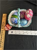Signed Ceramic Basket w hand painted eggs