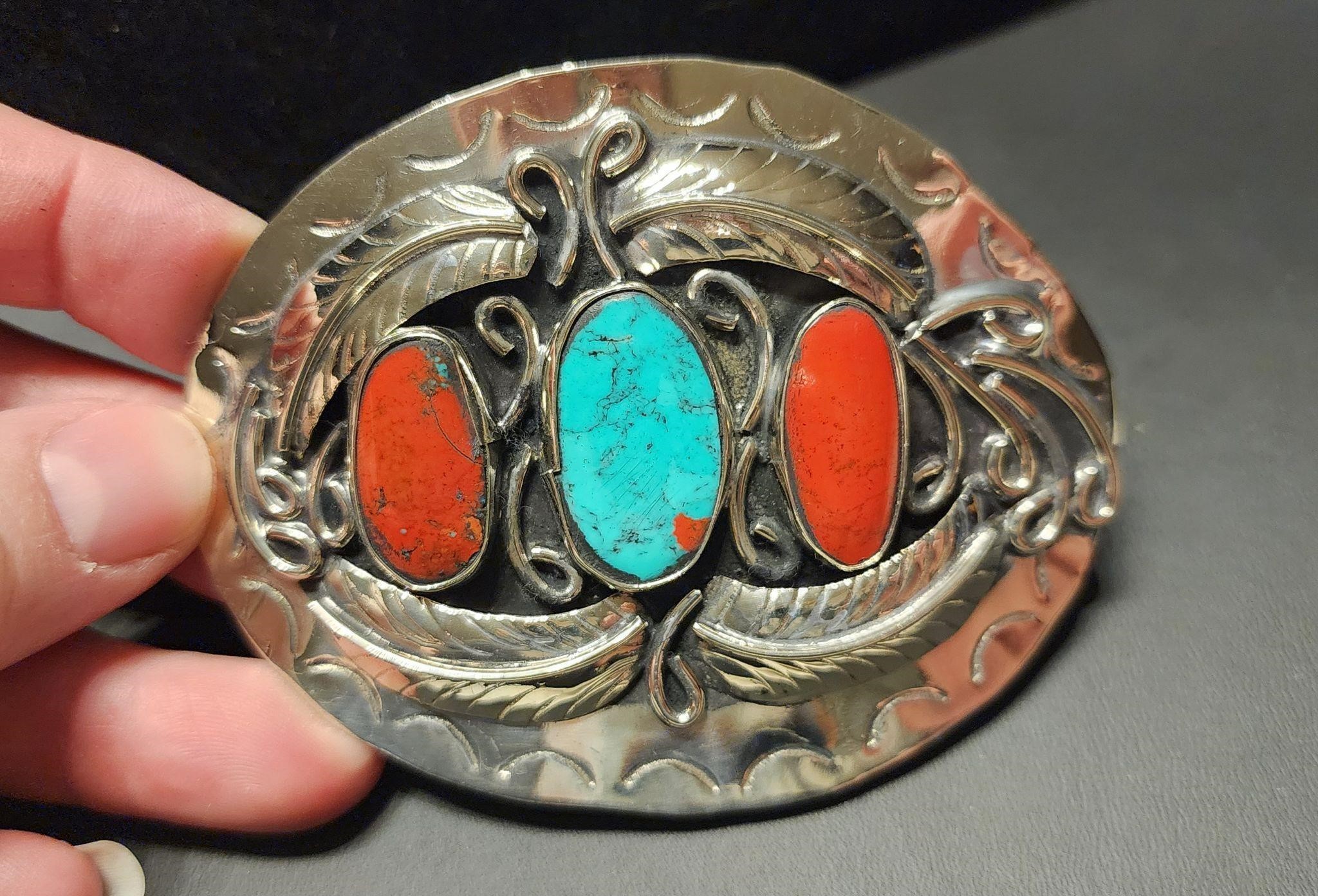 Red acoral & Turquoise Belt Buckle