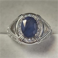 $790 Silver Blue Sapphire(2.5ct) CZ(0.9ct) ring
