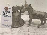 2 VTG CAST METAL COIN BANKS DONKEY & LIBERTY BELL